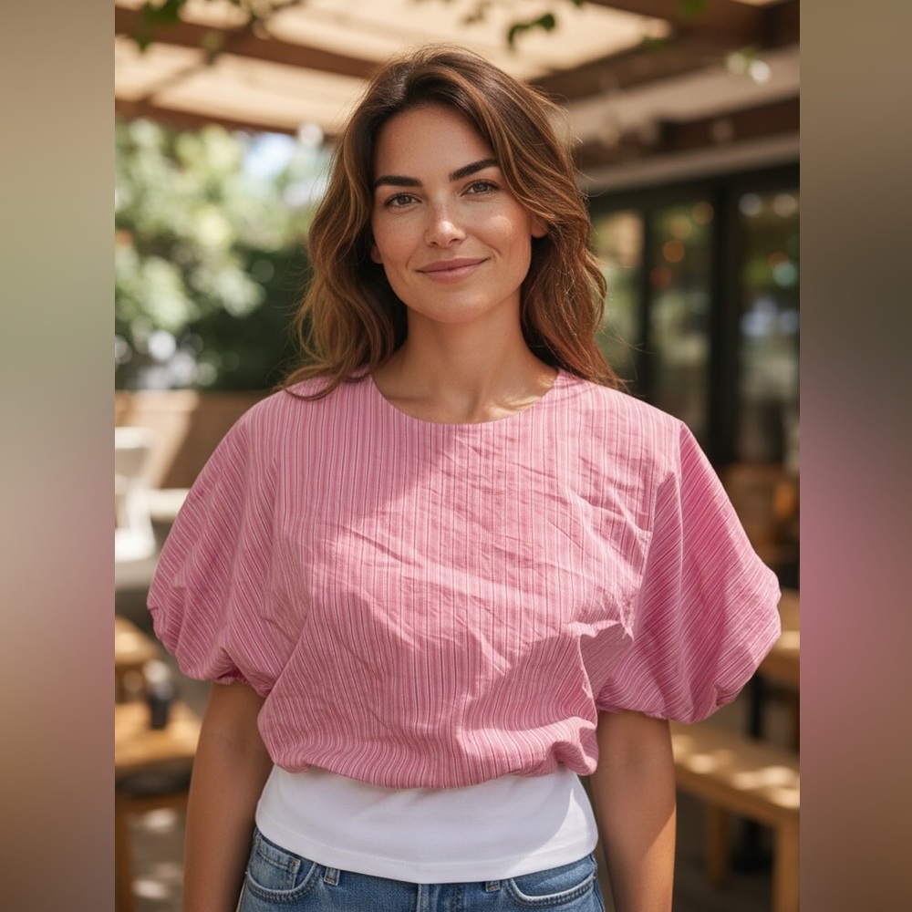Gianni Bini Pink Striped Blouse with Puff Sleeves